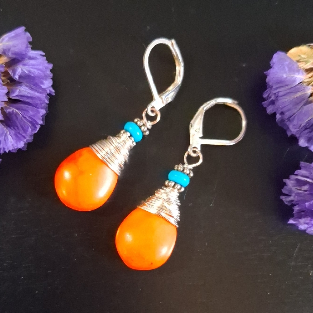 Orange Howlite & Turquoise Dangle Earrings W/Lever Back Closures